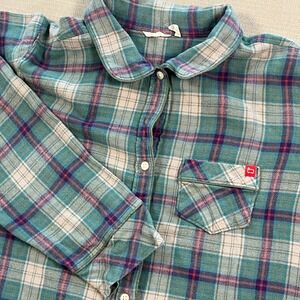 Woolrich Womens XXL Teal Plaid Flannel Button Down Shirt 100% Cotton 7900 LWW